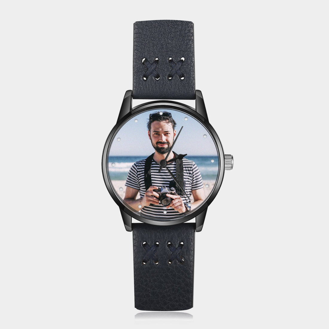 Personalisierte Foto Uhr Lederarmband Schwarz