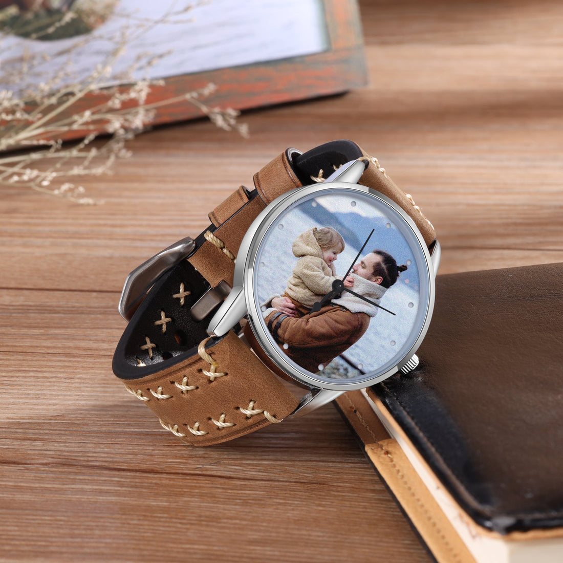 Personalisierte Foto Uhr Lederarmband Braun